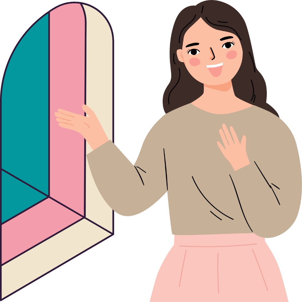 A smiling woman is gesturing towards a pastel doorway that appears to be a portal