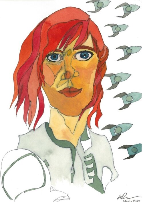 A drawing of a woman with red hair in an astronaut suit with rockets flying out behind her